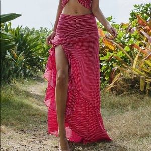 XIX Paris senorita skirt red polka dot ruffle slit maxi skirt